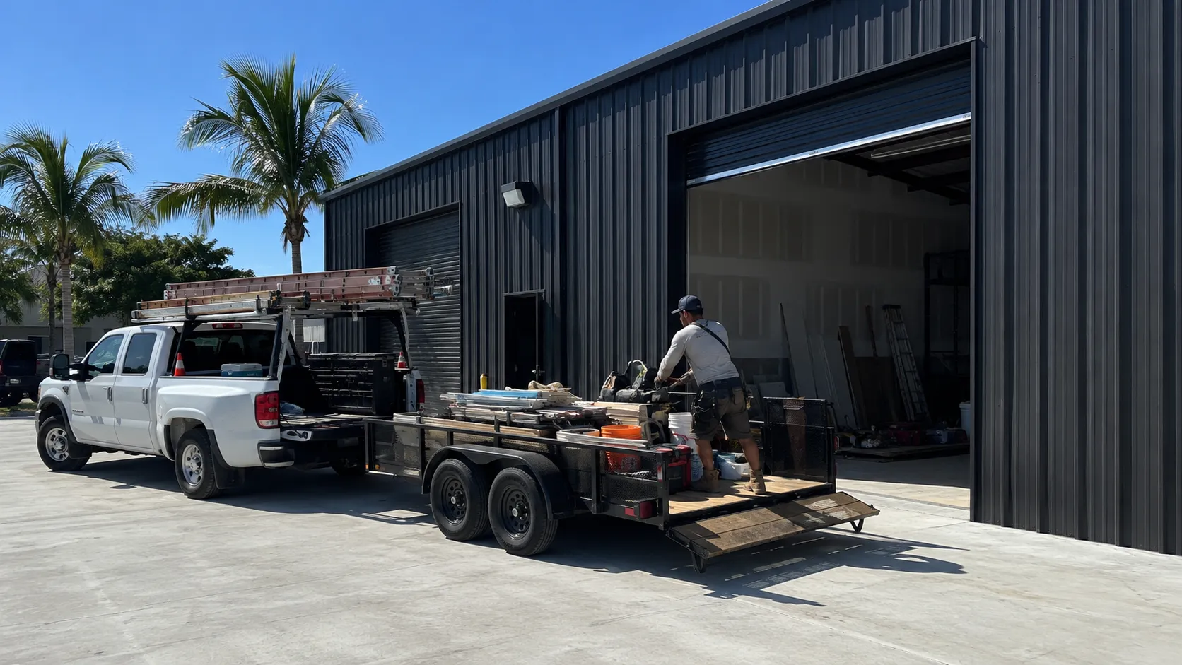 A contractor's pickup and loaded trailer backed up to an open roll-up door at a small-bay unit.