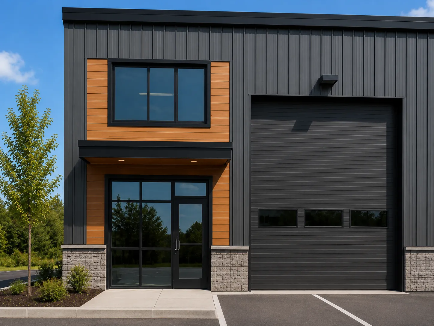 A unit entrance: a glass office door beside a grade-level roll-up door.