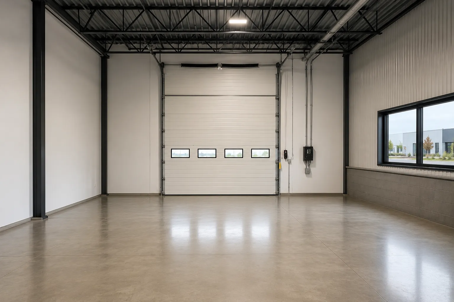 Inside an empty bay: open floor, high clear height, and an interior roll-up door.
